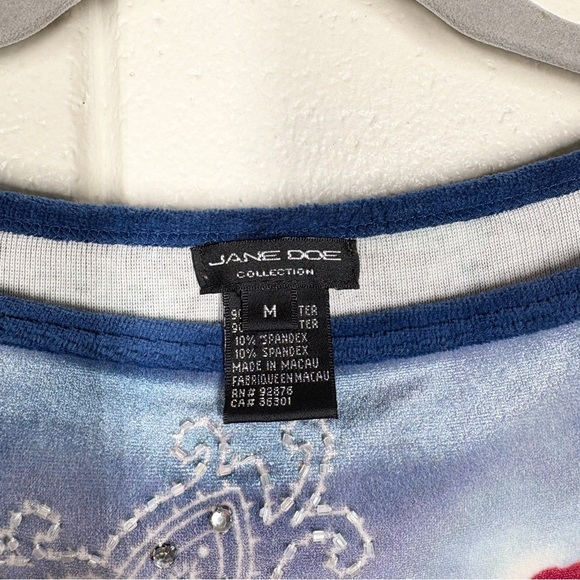 Jane Doe Y2K 90s Grunge Vintage Mesh Sleeve Top Size Medium Floral Blue Red - Picture 8 of 13